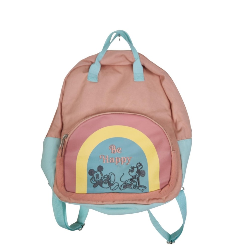 DISNEY Backpack Kids One Size Pink Blue Be Happy Mickey Minnie Mouse Rainbow Bag